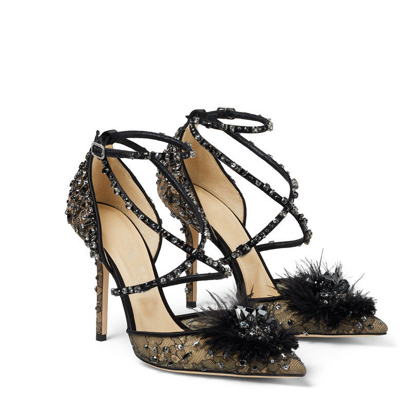Nude Lace Rhinestone Floral Pumps Heels for Women