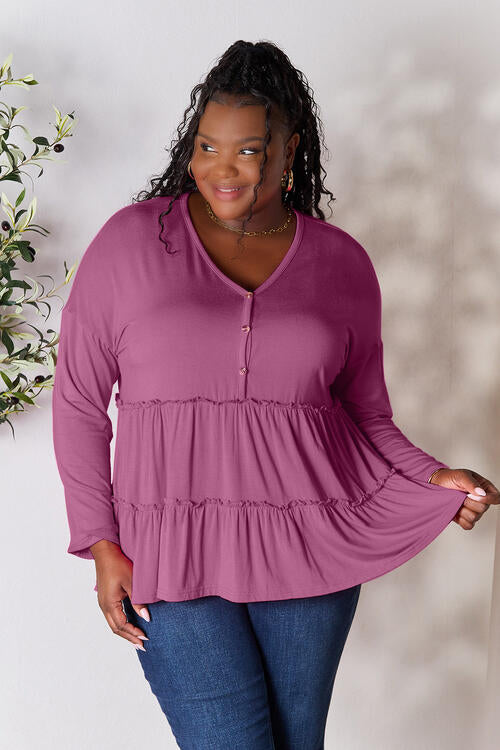 Double Take Half Button Long Sleeve Ruffle Hem Blouse - Munsieur