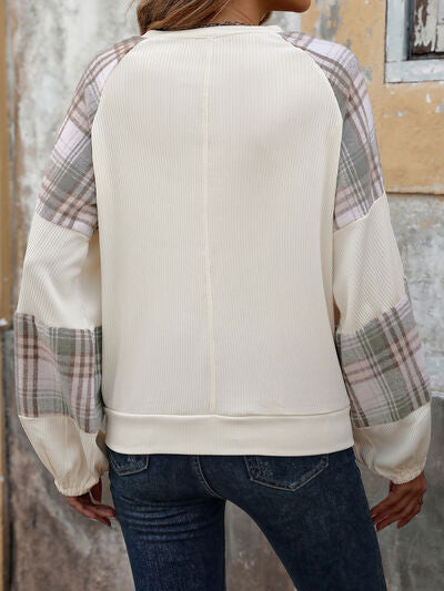 Perfee Plaid Round Neck Long Sleeve Sweatshirt for Women - Munsieur