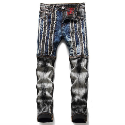 Embroidered Patched Hole Slim Stretch Men's Pants Designer Street Casual