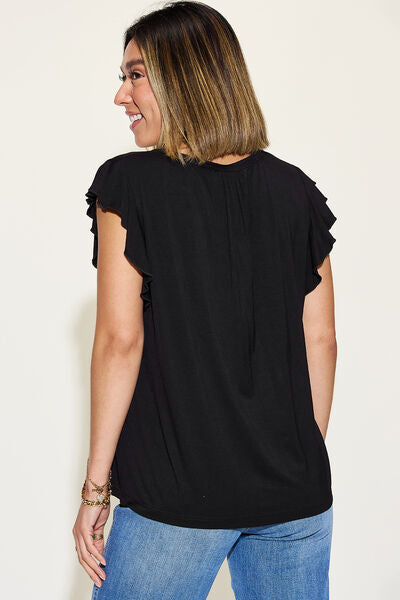 Full Size Bamboo Notched Ruffled Short Sleeve T-Shirt - Munsieur