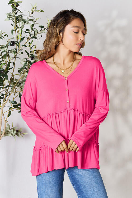 Double Take Half Button Long Sleeve Ruffle Hem Blouse - Munsieur
