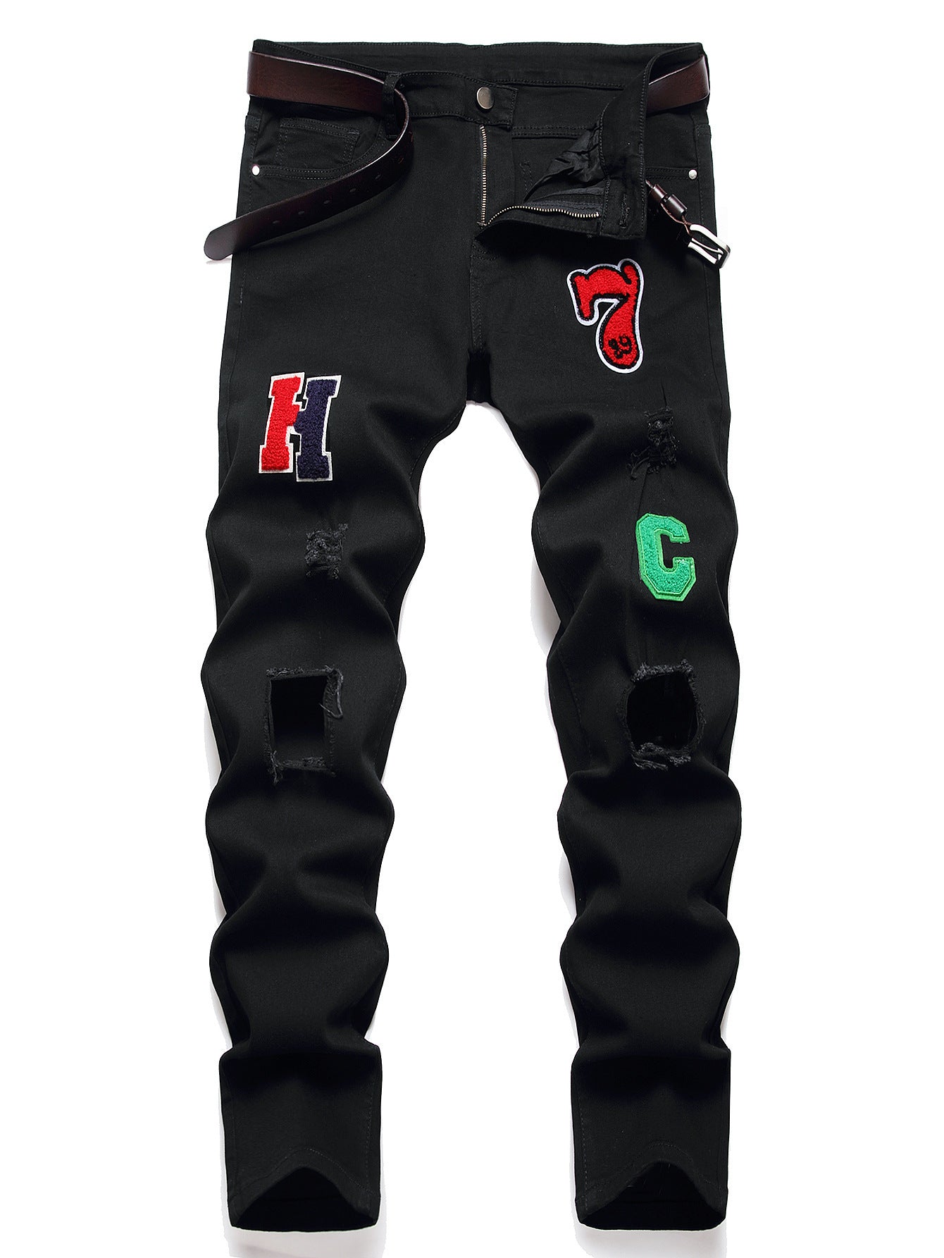 Men's Black Designer Patched Pants High Quality Fabric Slim-fitting