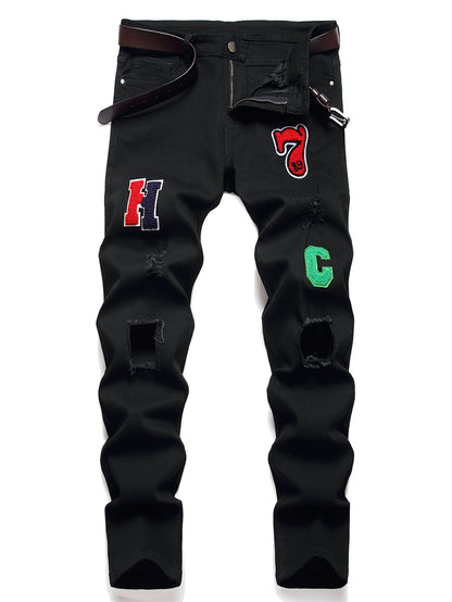 Men's Black Designer Patched Pants High Quality Fabric Slim-fitting