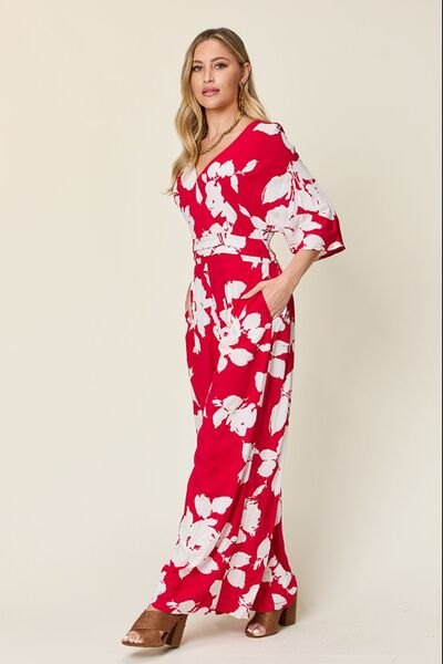 Double Take Full Size Printed Tie Back Wide Leg Jumpsuit - Munsieur