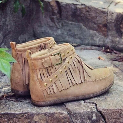 Fringe Studded Suede Flat Boots - Munsieur