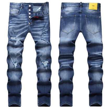 New Blue Color Ripped Street Fashion Slim Stretch Denim Pants for Men