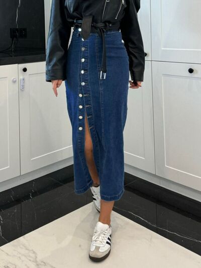 Front Button Slit Midi Denim Skirt - Munsieur