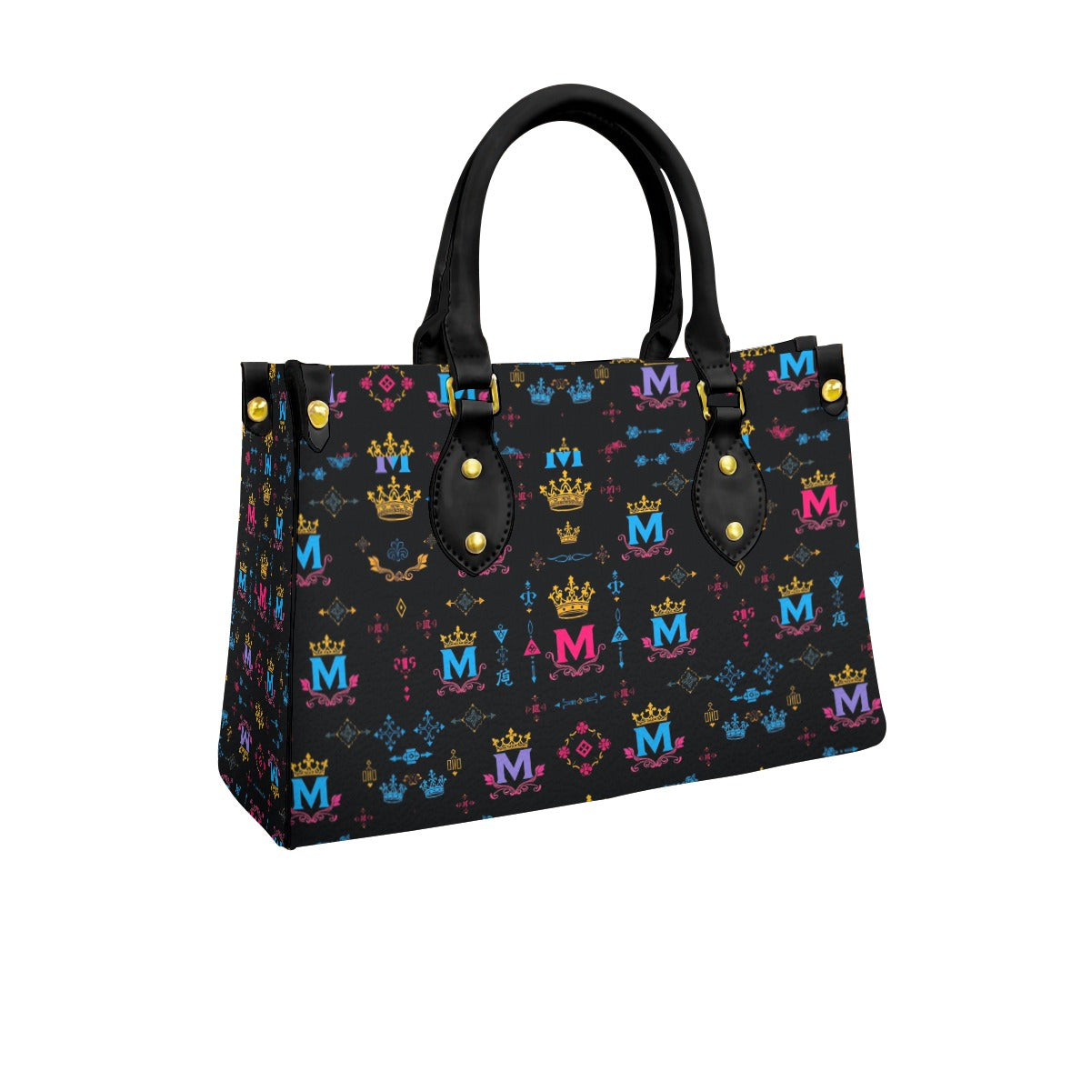 Munsieur black handle women's handbag with colorful crown and M logo pattern