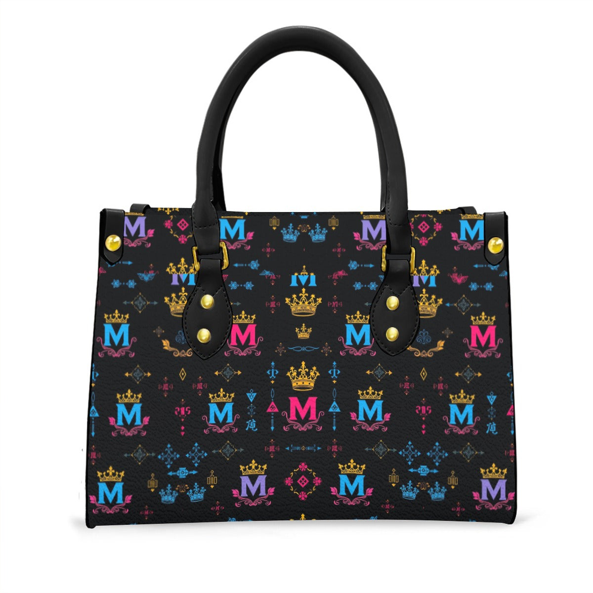 Munsieur black handle women's handbag with colorful crown and letter M pattern