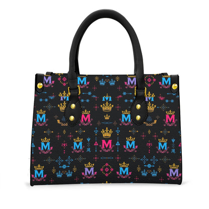 Munsieur black handle women's handbag with colorful crown and letter M pattern