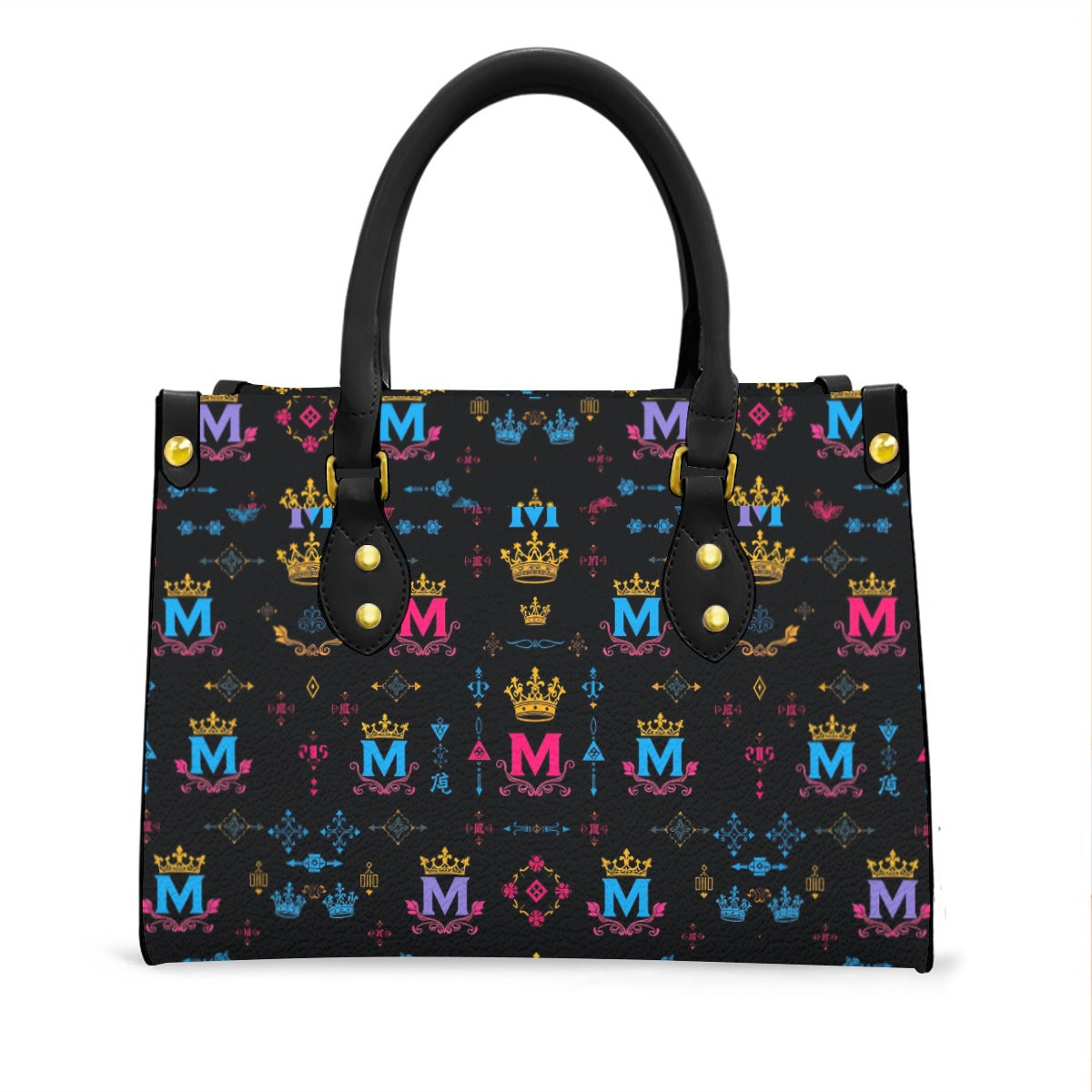 Munsieur black handle women's handbag with multicolor crown and letter M pattern design
