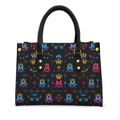 Munsieur black handle women's handbag with multicolor crown and letter M pattern design