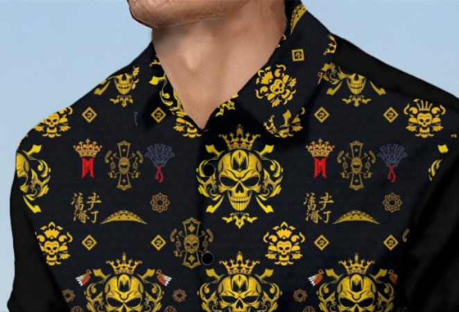 Munsieur bold print summer tee for men featuring black fabric with yellow skull and crown pattern