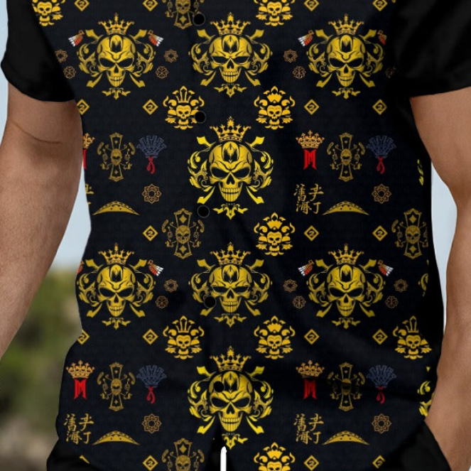 Munsieur bold print summer tee for men featuring gold skull and crown pattern on black fabric