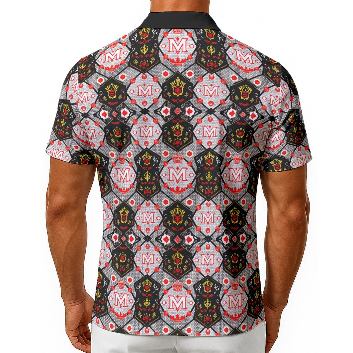 Back view of a Munsieur all-over print button up tee with black and red patterned design