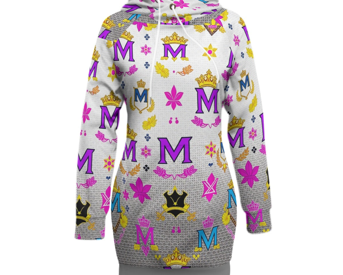 Munsieur women's streetwear sweater dress with colorful M logos crowns and floral patterns
