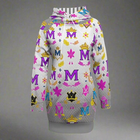 Munsieur women's streetwear sweater dress with colorful crown and letter M pattern on white background