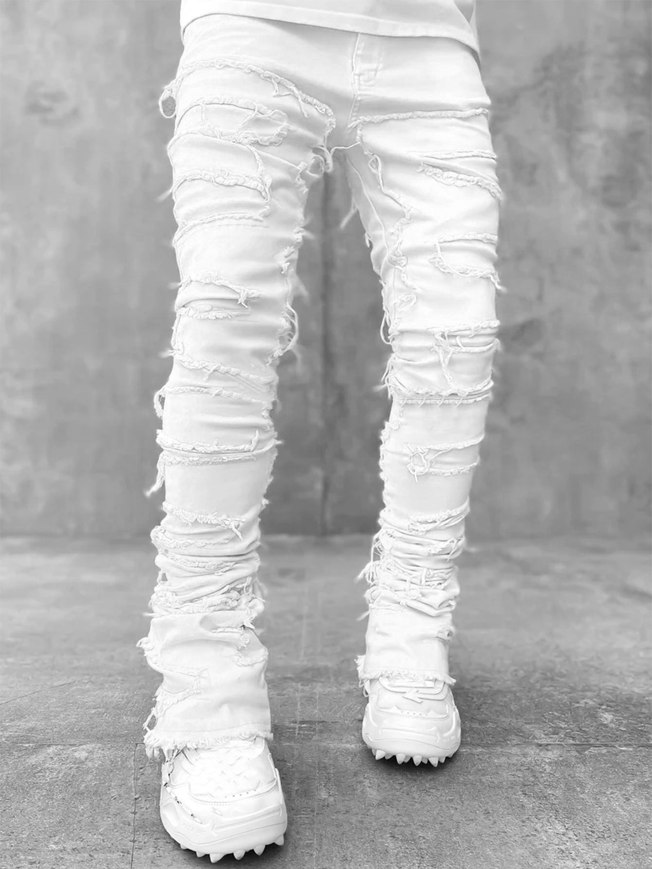 Men's Patched Pants Long Tight Fit Stacked Pants For Men