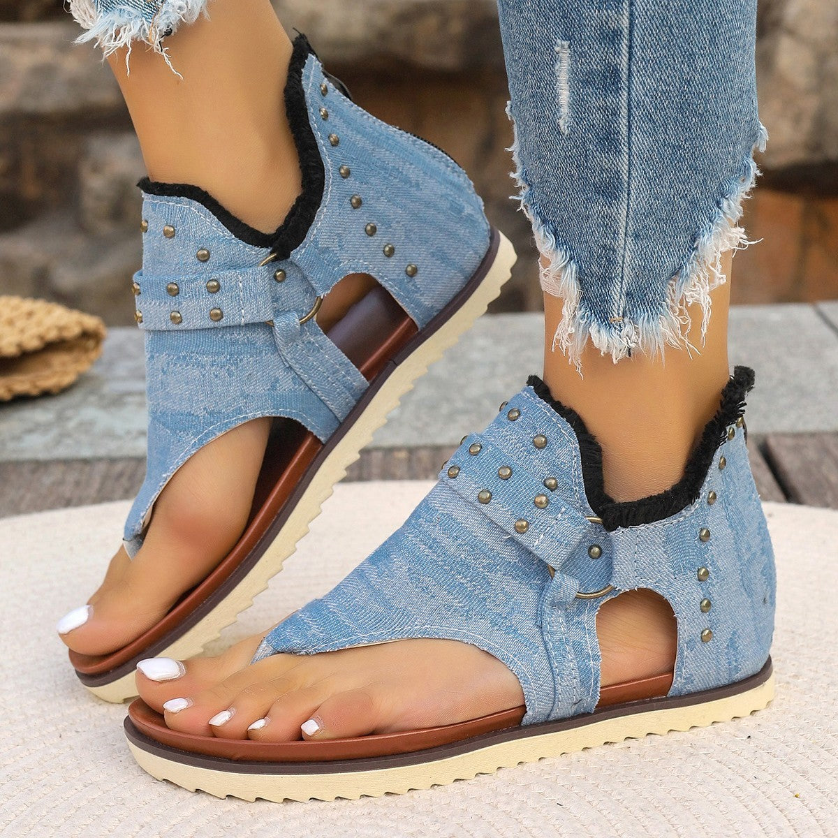 Women's Denim Sandals With Rear Zipper Summer Retro Beach Flats
