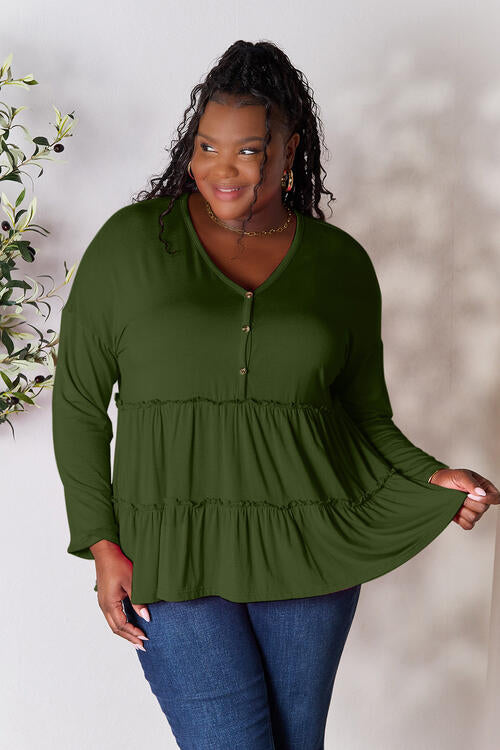 Double Take Half Button Long Sleeve Ruffle Hem Blouse - Munsieur