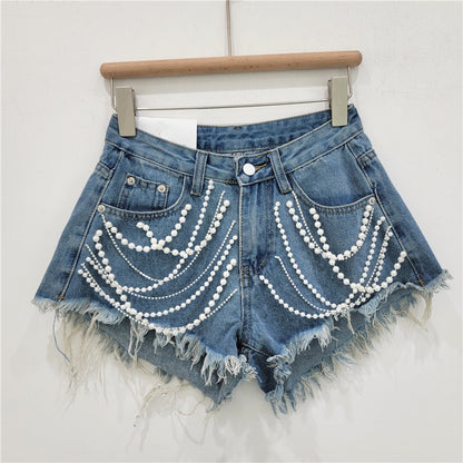 Denim Bottoms Women's Summer High Waist Slimming Rhinestone Drip