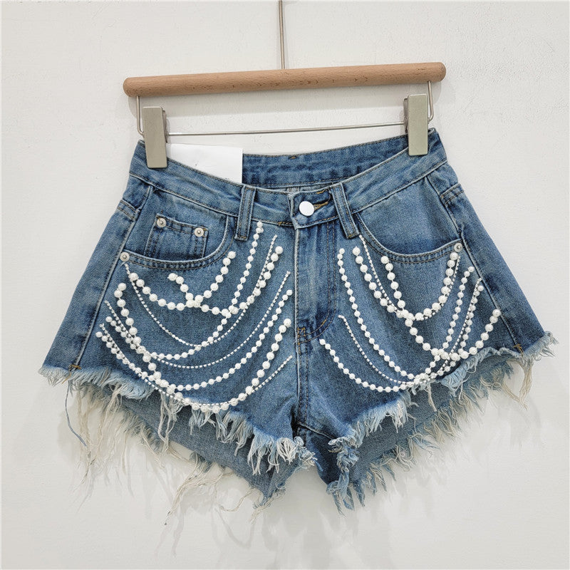 **Sale** Denim Bottoms Women's Summer High Waist Slimming Rhinestone Drip