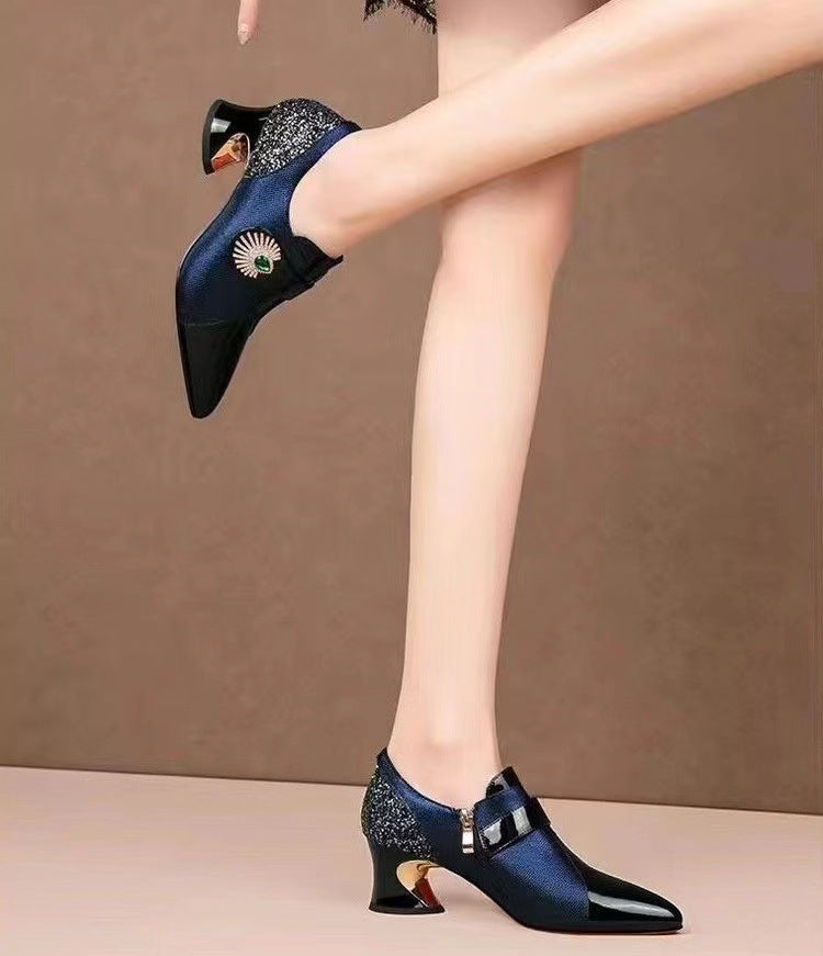 Women's Fashion Rhinestone Soft Leather Mid Heel Deep Mouth Pumps