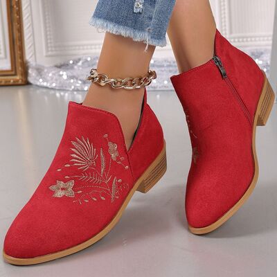 Embroidered Suede Point Toe Block Heel Boots - Munsieur