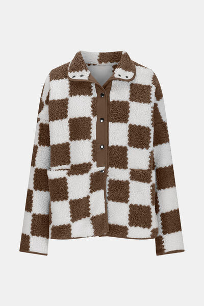 Checkered Snap Down Long Sleeve Teddy Jacket - Munsieur