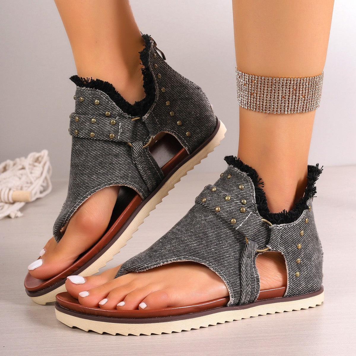 Women's Denim Sandals With Rear Zipper Summer Retro Beach Flats