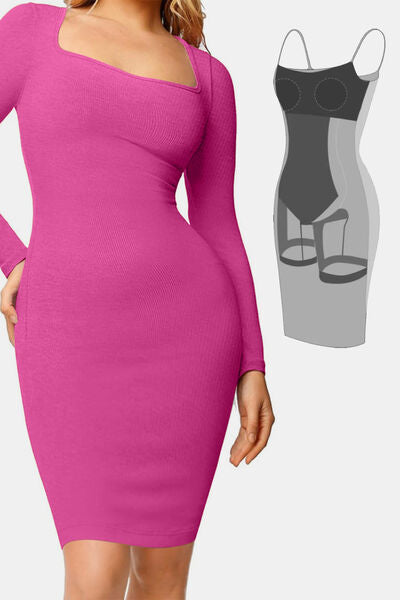 Full Size Built-In Shapewear Square Neck Long Sleeve Dress - Munsieur