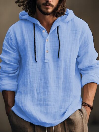 Men's Full Size Half Button Long Sleeve Hoodie - Munsieur