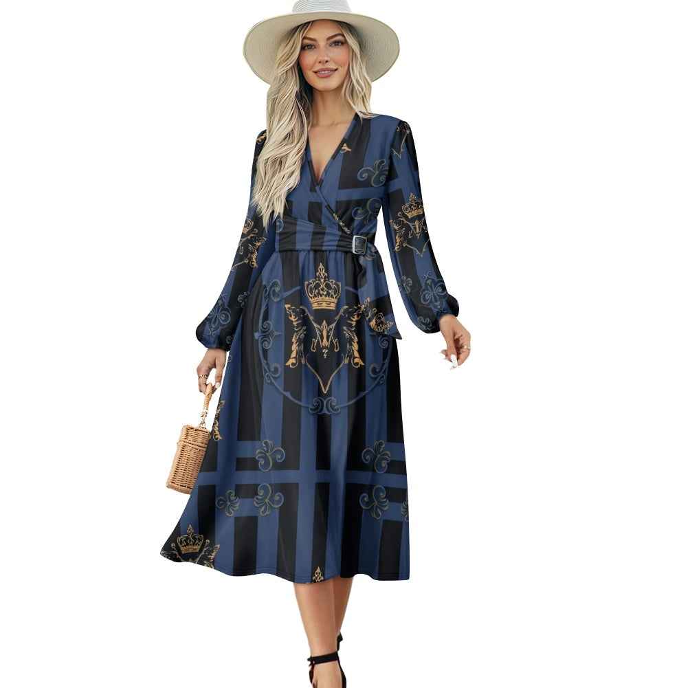 V-Neck Long Sleeve Tie Waist Midi Dress
