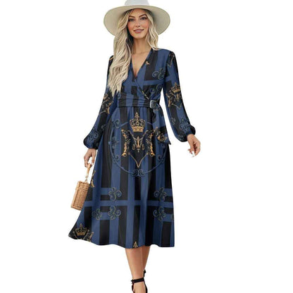 V-Neck Long Sleeve Tie Waist Midi Dress