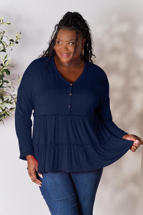 Double Take Half Button Long Sleeve Ruffle Hem Blouse - Munsieur