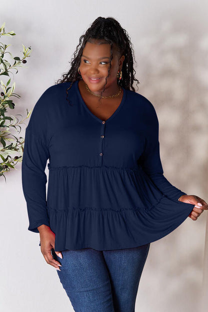 Double Take Half Button Long Sleeve Ruffle Hem Blouse - Munsieur