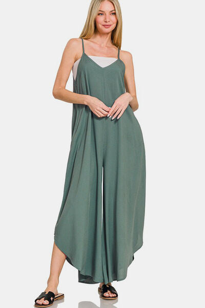 Zenana Sleeveless Curved Hem Wide Leg Overalls with Pockets - Munsieur
