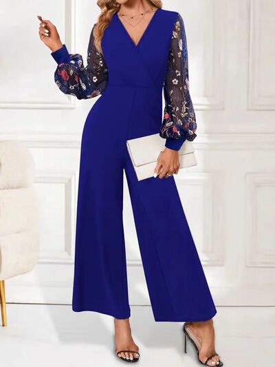 Surplice Embroidered Long Sleeve Wide Leg Jumpsuit - Munsieur