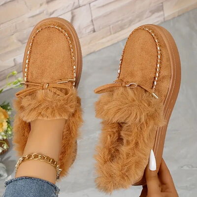 Bow Furry Round Toe Flat Slip-Ons - Munsieur