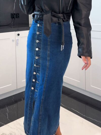 Front Button Slit Midi Denim Skirt - Munsieur