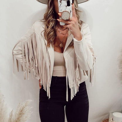 Women's Faux Suede Leather Fringe Jacket Motorcycle Moto Biker Open Front Tassel - Munsieur