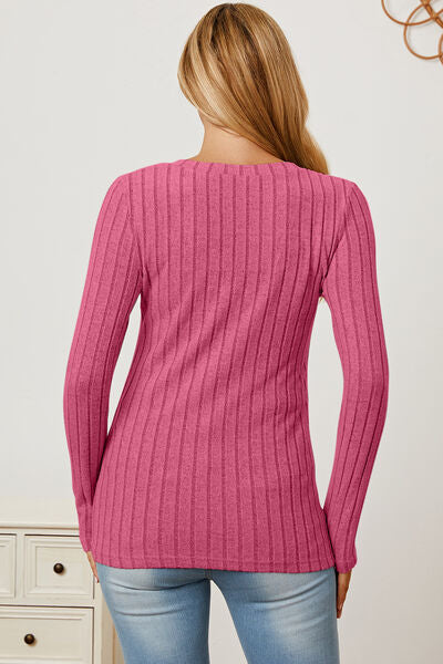 Full Size Ribbed V-Neck Long Sleeve T-Shirt - Munsieur