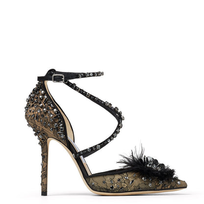 Nude Lace Rhinestone Floral Pumps Heels for Women