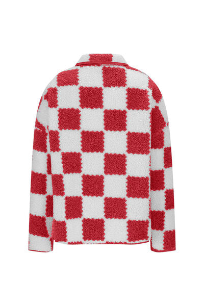 Checkered Snap Down Long Sleeve Teddy Jacket - Munsieur