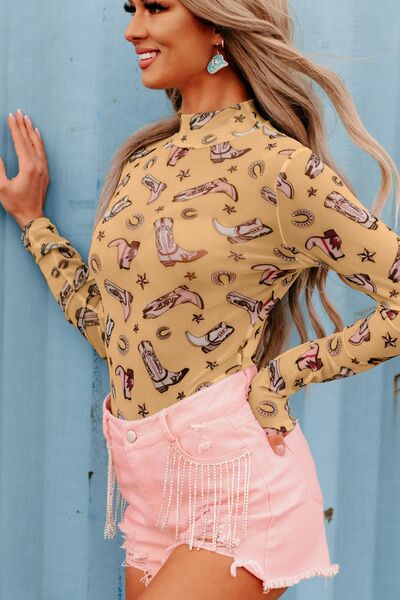 Printed Mock Neck Long Sleeve Bodysuit - Munsieur