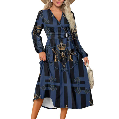 V-Neck Long Sleeve Tie Waist Midi Dress