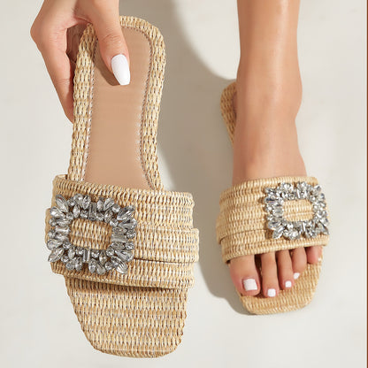 Square Head Straw Rhinestone Flats For Outdoors Vacation Leisure Slippers Women