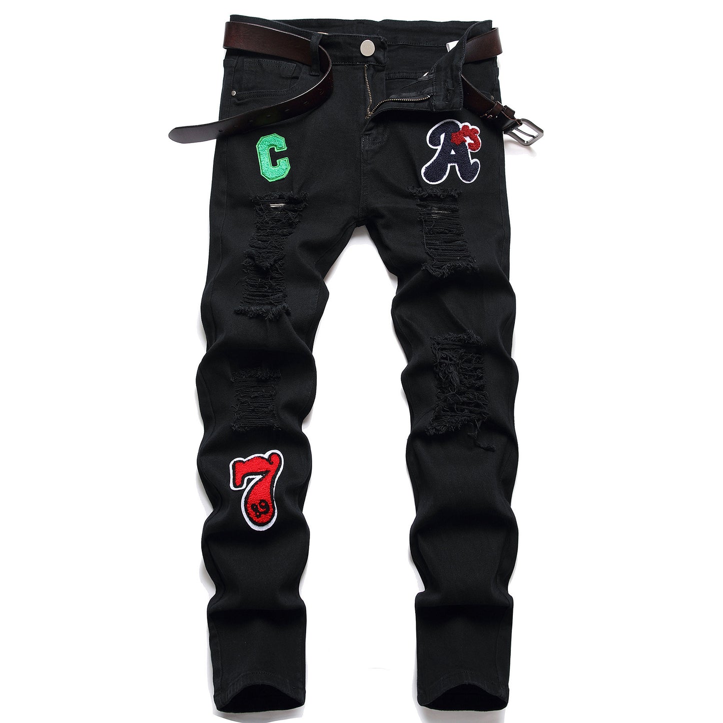 Men's Black Designer Patched Pants High Quality Fabric Slim-fitting