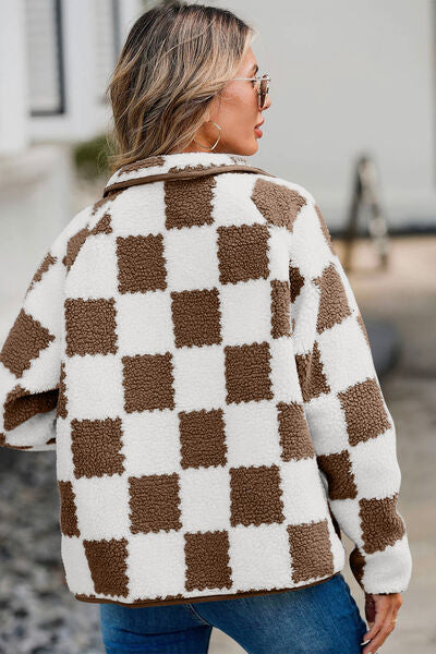 Checkered Snap Down Long Sleeve Teddy Jacket - Munsieur